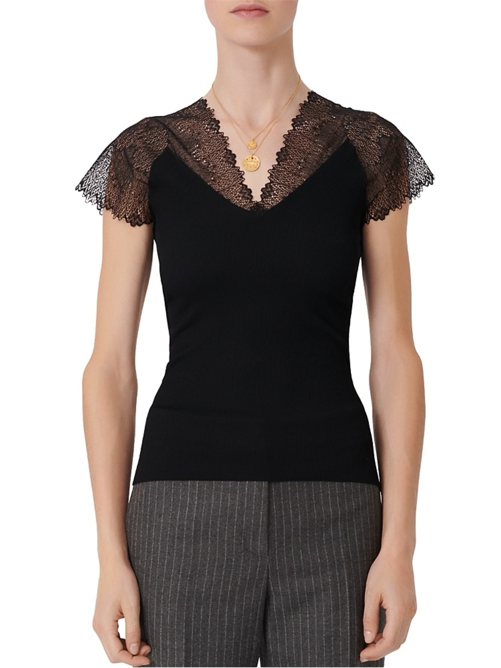 Maje Black Lace-Trim V-Neck Cap Sleeve Knit Top